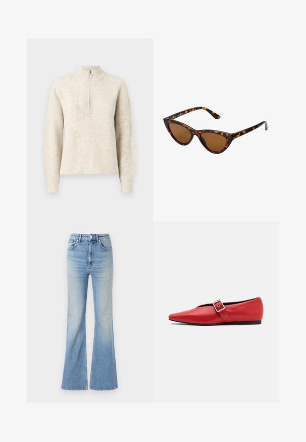 Puffjacke in Dunkelgrün, mit Kapuze, durchgehendem Reißverschluss und gestepptem Design mit horizontalen Baffles. Glatte, matte Oberfläche.; Helle beiger, gerippter Pullover mit hohem Kragen, Viertelreißverschluss und langen Ärmeln. Weiche Textur mit einem schlichten Muster.; Helle blaue Schlagjeans aus Denim mit hoher Taille, fünf Taschen und subtilem Farbverlauf bis zum Saum.; Rote Leder-Ballerina mit einer spitzen Zehe, ausgestattet mit einem Seitenriemen mit einer Metallschnalle und einem niedrigen schwarzen Absatz. Glatte Textur über die gesamte Fläche.; Katzenaugen-Sonnenbrille mit einem schwarz-orangenen Schildpattrahmen, braunen Gläsern und schlanken, spitzen Enden. Verfügt über ein minimalistisches Logo am Bügel.