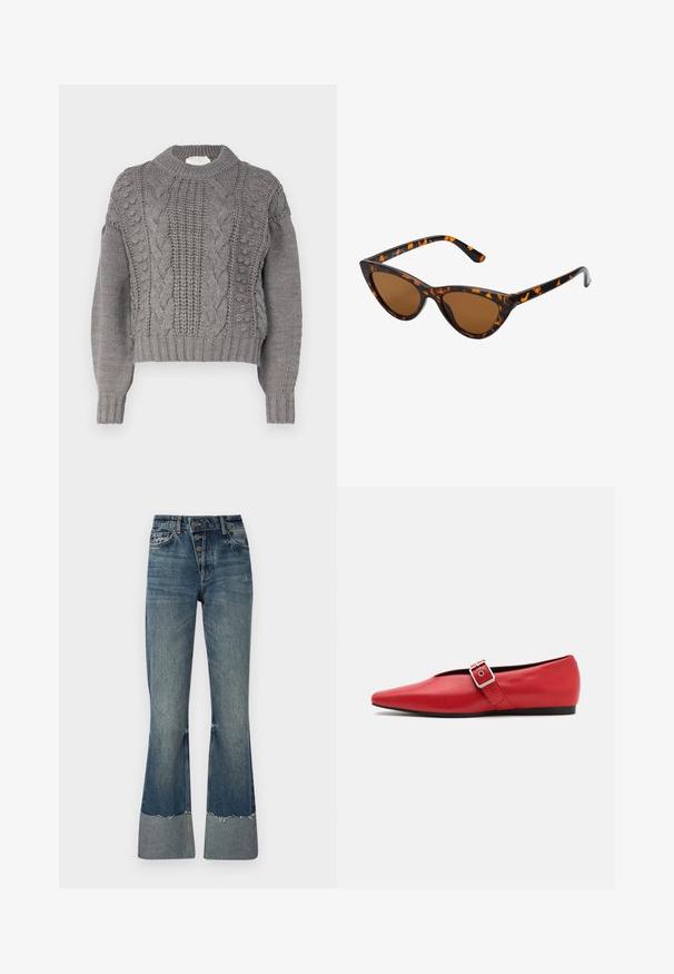 Puhasta jakna temno zelene barve, ki ima kapuco, zadrgo spredaj in quiltnato teksturo z vodoravnimi prešite. Gladek mat videz.; Vero Moda VMKEYSA - Pulover - medium grey; Jeans iz denima s širšimi hlačnicami v srednje modri barvi, z visokim pasom, petimi gumbi in strganim robom. Imajo lažji manšeti na dnu in zbledel videz.; Rdeče usnjene balerinke s koničastim nosom, z bočnim trakom z kovinsko sponko in nizko črno peto. Gladka tekstura po celotni površini.; Mačje oči sončna očala z okvirom v črno-oranžni želvej ohišji, rjavimi lečami in elegantnimi, ostrimi konicami. Imajo minimalistični logo na ročaju.