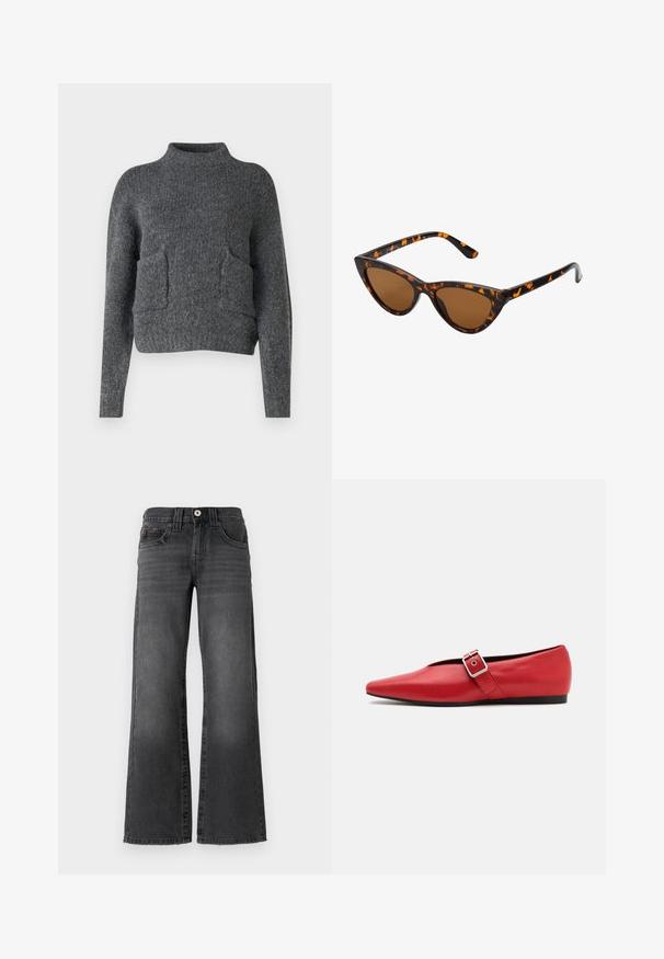 Doudoune verte foncée, dotée d'une capuche, d'une fermeture éclair à l'avant et d'une texture matelassée avec des boudins horizontaux. Fini lisse et mat.; Pull gris, court, fabriqué en tissu texturé. Présente un col montant et deux poches avant avec une coupe décontractée. Manches longues.; Jean large en denim gris foncé. Dispose de cinq poches, d'une fermeture à bouton et d'un léger effet dégradé sur le tissu. Accent de coutures classiques.; Ballerine en cuir rouge avec une pointe pointue, comportant une lanière sur le côté avec une boucle en métal et un petit talon noir. Texture lisse sur l'ensemble.; Lunettes de soleil style œil de chat avec une monture en écaille de tortue noire et orange, verres marron et pointes effilées et élégantes. Présente un logo minimaliste sur la branche.