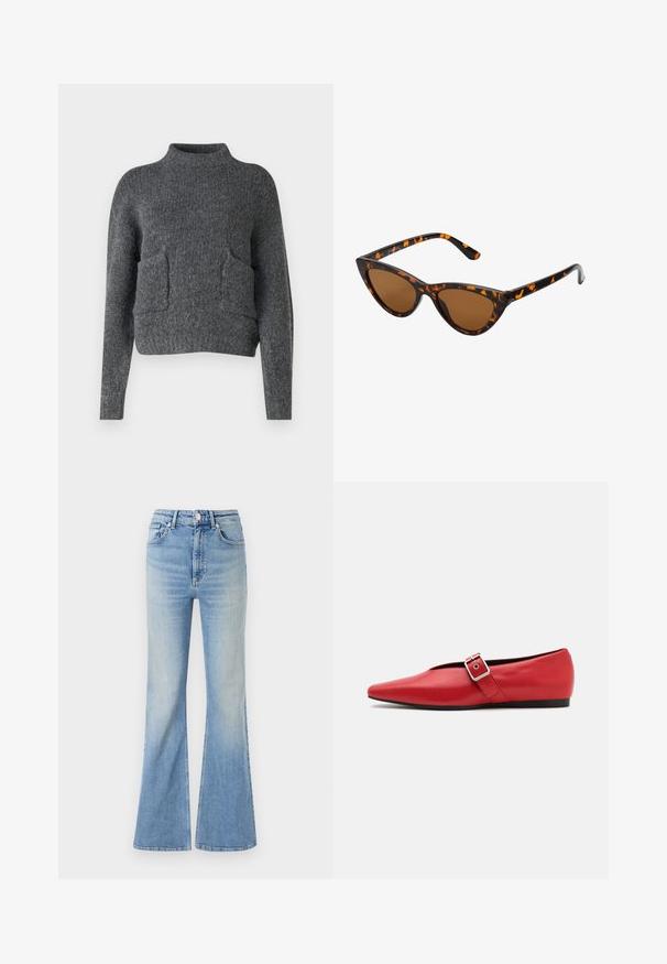 Doudoune verte foncée, dotée d'une capuche, d'une fermeture éclair à l'avant et d'une texture matelassée avec des boudins horizontaux. Fini lisse et mat.; Pull gris, court, fabriqué en tissu texturé. Présente un col montant et deux poches avant avec une coupe décontractée. Manches longues.; Jean évasé bleu clair en denim, doté d'une taille haute, d'un design à cinq poches et d'un dégradé subtil vers l'ourlet.; Ballerine en cuir rouge avec une pointe pointue, comportant une lanière sur le côté avec une boucle en métal et un petit talon noir. Texture lisse sur l'ensemble.; Lunettes de soleil style œil de chat avec une monture en écaille de tortue noire et orange, verres marron et pointes effilées et élégantes. Présente un logo minimaliste sur la branche.