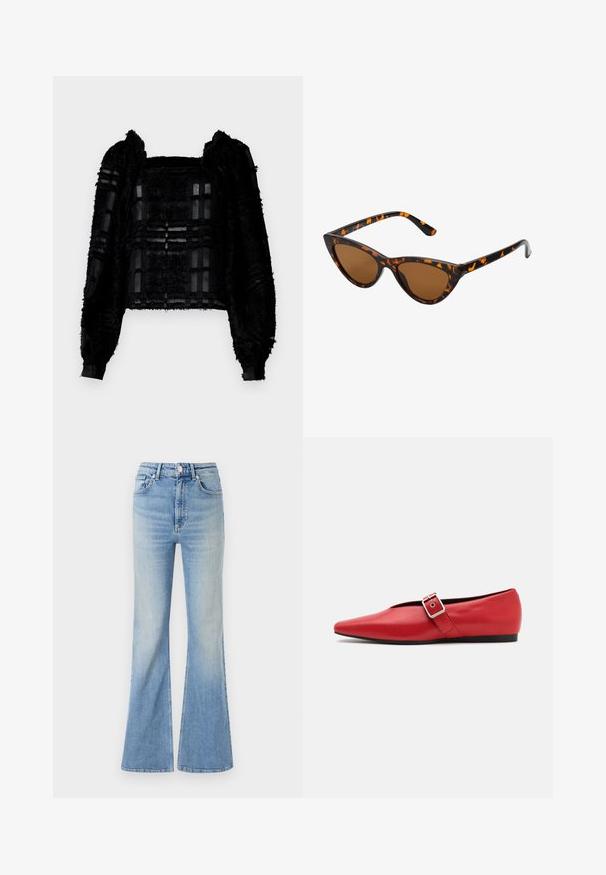 Doudoune verte foncée, dotée d'une capuche, d'une fermeture éclair à l'avant et d'une texture matelassée avec des boudins horizontaux. Fini lisse et mat.; Haut noir texturé à manches longues avec des panneaux transparents et un décolletage carré. Le tissu combine des éléments duveteux et lisses, créant un contraste visuel.; Jean évasé bleu clair en denim, doté d'une taille haute, d'un design à cinq poches et d'un dégradé subtil vers l'ourlet.; Ballerine en cuir rouge avec une pointe pointue, comportant une lanière sur le côté avec une boucle en métal et un petit talon noir. Texture lisse sur l'ensemble.; Lunettes de soleil style œil de chat avec une monture en écaille de tortue noire et orange, verres marron et pointes effilées et élégantes. Présente un logo minimaliste sur la branche.; Pochette en cuir noir avec un rabat et un détail en boucle en métal doré. Inclut une sangle noire et un design épuré et minimaliste.; Boucles d'oreilles en argent en forme de créoles avec un design torsadé, dotées d'une finition polie et d'une fermeture à poussoir. Mesurent environ 3 cm de diamètre.