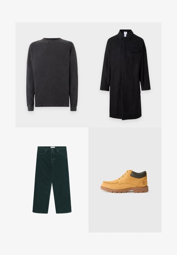 Svart frakk med krage, lange ermer, en enkelt knappelukking og brystlomme. Har teksturerte sidestykker.; Langermet genser med rund hals i mørkegrå, laget av en myk bomullsblanding. Har ribbestrikkede mansjetter og halslinning med en glatt, lett strukturert overflate.; Mørkegrønne vide denimjeans med knap- og lynlåslukning, forlommer og bæltestropper, lagt fladt på en hvid baggrund.; Gul lædersko med brun gummisål, rund tå og grønt læderdetalje ved anklen. Har gyldne øjeskruer og stikninger som accent.