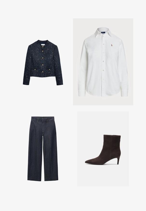 Námořnická tweedová bunda se zkráceným střihem, se zlatými knoflíky a texturovaným povrchem s metalickými akcenty. Kulatý výstřih, dlouhé rukávy.; Bílá košile na knoflíky vyrobená z bavlny s klasickým límcem, dlouhými rukávy a malým vyšitým logem na hrudi. Texturovaná tkanina.; Tmavě modré denimové široké kalhoty s předními švy a standardním pasem. Mají oranžové švy a zkrácenou délku.; Hnědé semišové kotníkové boty s špičatou špičkou a 7,5 cm podpatkem, s hladkým povrchem a minimalistickým designem. Zapínání na zip vzadu.