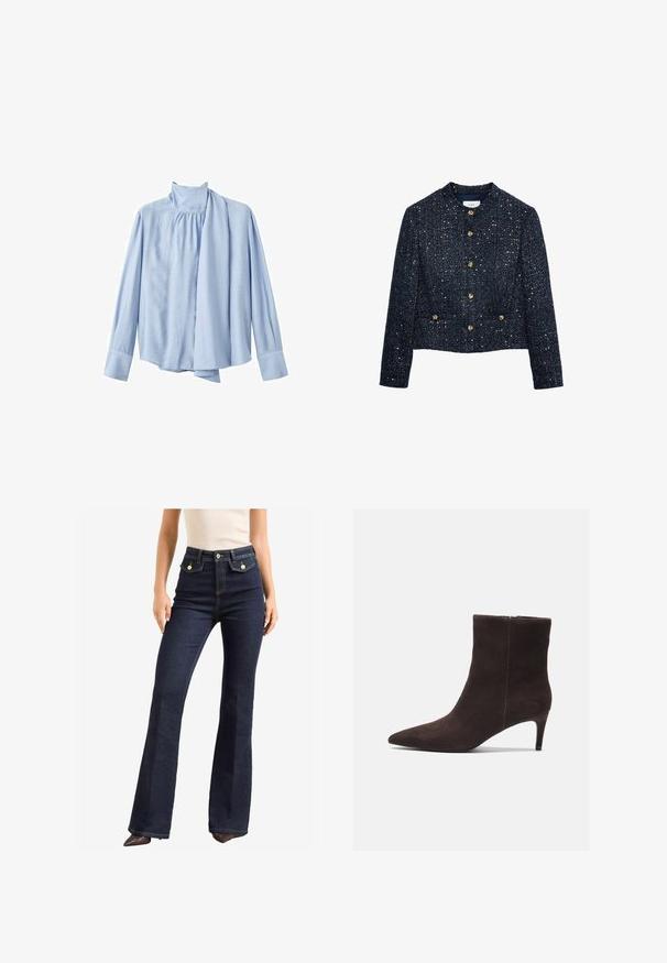 Marineblaue Tweedjacke mit cropped Design, ausgestattet mit goldenen Knopfverschlüssen und einer strukturierten Oberfläche mit metallischen Akzenten. Runder Halsausschnitt, lange Ärmel.; Himmelblausa langärmlige Bluse aus glattem Stoff. Verfügt über einen hohen Kragen und eine drapierte Schal-Akzent auf der Vorderseite. Mit Knopfmanschetten.; Dunkelblaue, hoch-taillierte Jeans mit einem ausgestellten Bein-Design. Verfügt über zwei frontale Taschen mit goldenen Beschlägen und Kontrastnähten. Glatte Textur.; Braune Wildleder-Ankelstiefel mit spitzem Zehenbereich und 7,5 cm Absatz, ausgestattet mit einer glatten Textur und minimalistischen Design. Reißverschluss auf der Rückseite.