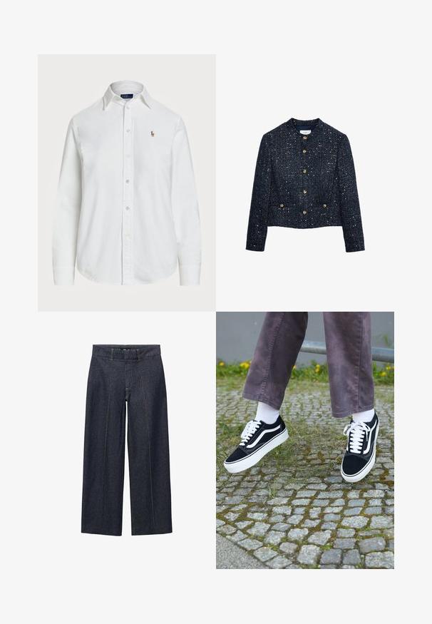 Giacca di tweed blu navy dal design cropped, con chiusure a bottoni dorati e una superficie texturizzata con accenti metallici. Collo rotondo, maniche lunghe.; Camicia bianca a maniche lunghe in cotone, con colletto classico e un piccolo logo ricamato sul petto. Tessuto strutturato.; Pantaloni in denim blu scuro a gamba larga con cuciture frontali e una vita standard. Presentano cuciture arancioni e un lunghezza cropped.; Sneaker in suede nero con dettagli bianchi, caratterizzati da una punta arrotondata, suola spessa bianca e design classico con lacci, indossati con calze bianche e pantaloni viola.