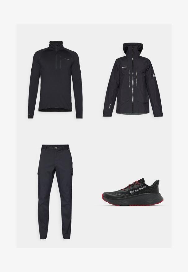 Giacca nera impermeabile con cappuccio, numerose tasche con zip, dettagli riflettenti e polsini regolabili. Tessuto liscio e design ergonomico.; Maglia nera a maniche lunghe con zip a quarto in un tessuto texture, caratterizzata da un colletto alto e un piccolo logo sul petto.; Pantaloni cargo navy in tessuto resistente, dotati di chiusura a bottone, cinque tasche e gambe affusolate con leggera trama.; Scarpa sportiva nera con tomaia testurizzata, lacci rossi e logo. Suola spessa con battistrada a righe per una buona aderenza. Design minimalista, vista laterale.