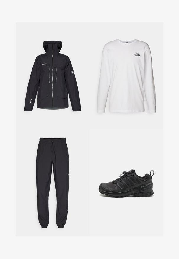 Giacca nera impermeabile con cappuccio, numerose tasche con zip, dettagli riflettenti e polsini regolabili. Tessuto liscio e design ergonomico.; T-shirt bianco a maniche lunghe in cotone con colletto rotondo. Presenta un piccolo logo nero sul petto. Texture liscia, vestibilità regolare.; Pantaloni sportivi neri realizzati in tessuto leggero, con vita regolabile con cordino, tasche laterali e orli affusolati alle caviglie.; Scarpa sportiva nera con parte superiore in sintetico testurizzato, suola imbottita e sistema di allacciatura rapida. Presenta una punta e un tallone rinforzati.