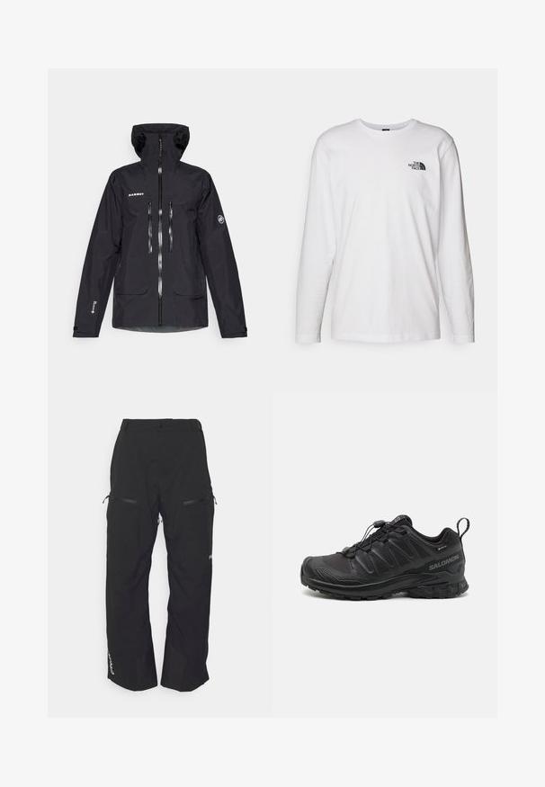 Must have veekindel must jakk kapuutsiga, mitme tõmblukuga tasku, peegeldavad detailid ja reguleeritavad mansetid. Sujuv tekstuur ja ergonoomiline disain.; Valge pikkade varrukatega T-särk, mis on valmistatud puuvillast ja millel on ümber kaeluse disain. Rinnal on väike must logo. Sile tekstuur, tavaline lõige.; Oakley TNP LINED SHELL PANT 2.0 - Lumelauapüksid - blackout; Must have piisii mustriga sünteetiline pealis, pehme tallaga ja kiire lukkusüsteemiga mustad spordijalatsid. Omab tugevdusi varba- ja kannaosas.