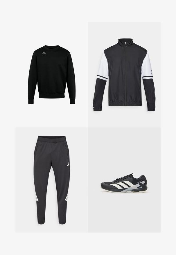 Melnbalkans un balts jakas ar augstu apkakli, pilnu priekšējo rāvējslēdzēju, elastīgām aprocēm un svītrām uz piedurknēm. Izgatavota no gluda, viegla auduma.; Melna kokvilnas sporta jakas, ar apaļu kaklu, garām piedurknēm un ribotām aprocēm, ar baltu logotipu kreisajā augšējā krūtīs.; Melnas sporta bikses ar šaurākiem galiem, elastīgu jostasvietu, sānu kabatām, kā arī baltu logo un svītru detaļām. Izgatavotas no gluda, viegla materiāla.; Melnas sporta kurpes ar baltām svītrām, acs augšdaļa, noapaļots pirksts un mīksts zole. Iespējams ar teksturētu papēdi un drošu šņoru sistēmu.