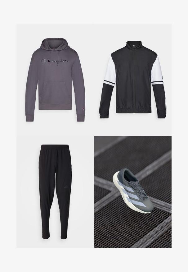 Casaco preto e branco com gola alta, fecho frontal completo, punhos elásticos e detalhes listrados nas mangas. Feito de um tecido liso e leve.; Sweatshirt cinza com capuz ajustável, apresentando um grande logótipo negro "Champion" na frente e um bolso canguru. Mangas com punhos.; Calças atléticas pretas com um cós elástico, design afunilado, bolsos laterais e detalhe discreto do logótipo. Feitas de um tecido flexível e respirável.; Shoe desportivo em cinza e branco, feito de material sintético, com um design aerodinâmico, acabamento texturizado e um sistema de atacadores proeminente.
