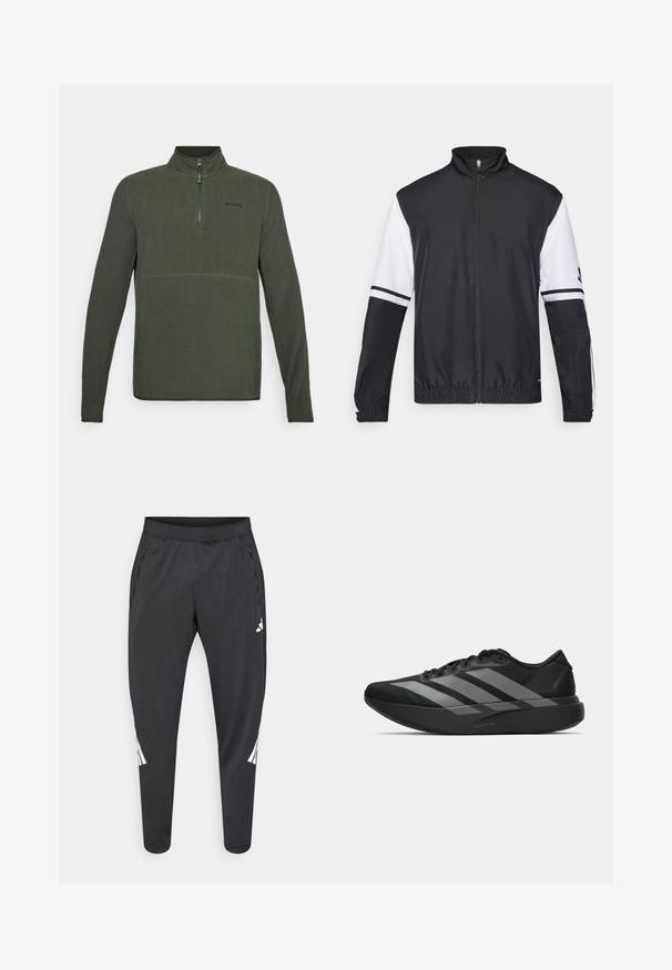 Fekete-fehér dzseki magas gallérral, teljes hosszúságú cipzárral, rugalmas mandzsettákkal és csíkozott díszítésekkel a ujjakon. Simító, könnyű anyagból készült.; Zöld polár pulóver félig cipzárral, magas gallérral és kontrasztos logóval a mellen. Sima textúra, testhezálló kialakítás.; Fekete sportnadrág karcsúsított szárakkal, rugalmas derékrésszel, oldalzsebekkel, valamint fehér logóval és csíkozással. Sima, könnyű anyagból készült.; Fekete sportcipők könnyű kialakítással, három kiemelkedő szürke csíkkal, sima textúrával és kontúros talppal.