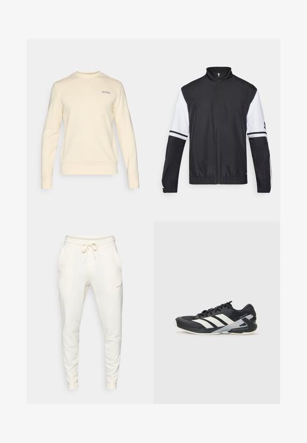 Svart och vit jacka med hög krage, hel dragkedja fram, elastiska ärmmuddar och randiga detaljer på ärmarna. Tillverkad av ett glatt, lättviktigt tyg.; Krämfärgad sweatshirt tillverkad av mjukt tyg, med rund halsringning, långa ärmar och en liten broderad logotyp på bröstet.; Vita svettbyxor i mjukt tyg, med elastisk midja och dragsko, sidofickor och ribbade muddar.; Svart atletisk sko med vita ränder, mesh-övre, rund tå och dämpad sula. Har en strukturerad häl och ett säkert snörningssystem.