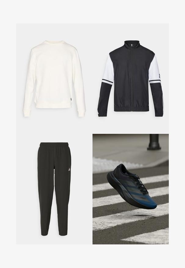 Svart och vit jacka med hög krage, hel dragkedja fram, elastiska ärmmuddar och randiga detaljer på ärmarna. Tillverkad av ett glatt, lättviktigt tyg.; Vit sweatshirt i mjukt tyg, med långa ärmar, rundad halsringning och rak nederkant med en liten varumärkesetikett på sidan.; Svarta träningsbyxor med elastisk midja, slim fit och vitt logotyp på vänster ben. Slät, lättviktsmaterial.; Svart och blå atletisk sko med en strömlinjeformad design, med ett texturerat överstycke, kontrasterande ränder och en dämpad sula, svävande över asfalt.