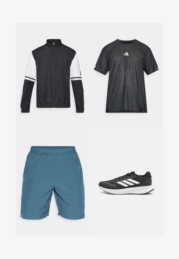 Černobílá bunda s vysokým límcem, plným předním zipem, elastickými manžetami a pruhovanými akcenty na rukávech. Vyrobena z hladké, lehké látky.; Černé sportovní tričko s krátkými rukávy, které má texturovaný diagonální proužkovaný vzor a bílé logo Adidas na hrudi a rukávech.; Pánské šortky z měkké modré látky, s elastickým pasem, bočními kapsami a volným střihem. Hladká textura bez viditelných vzorů.; Černá sportovní obuv s prodyšným síťovaným svrškem, bílými akcenty a polstrovanou podrážkou. Na boku se nachází logo se třemi pruhy.