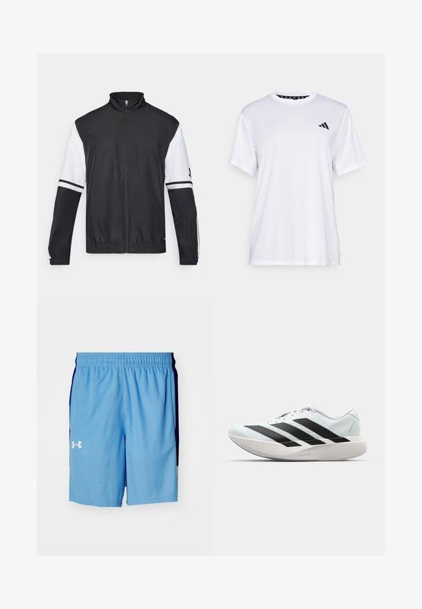 Črna in bela jakna z visokim ovratnikom, celotnim zadrgo, elastičnimi manšetami in črtastimi poudarki na rokavih. Narejena iz gladkega, lahkega materiala.; Bela športna majica s kratkimi rokavi, izdelana iz tkanine, ki odvaja vlago. Ima črn logotip na levem prsnem delu in vzorčasto notranjo vratno odprtino.; Under Armour ZONE - Športne kratke hlače - horizon blue/tech blue; Lahki tekaški čevlji v svetlo modri barvi z belimi črtami. Imajo gladek zgornji del, okroglo kapico in debel bel srednji podplat z označbo "LIGHTSTRIKE PRO."