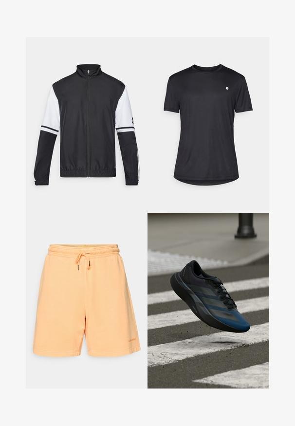 Juodai balta striukė su aukštu apykakle, visiškai užtraukiama priekyje, elastinėmis rankovėmis ir dryžuotais akcentais ant rankovių. Pagaminta iš glotnaus, lengvo audinio.; Juodas trumpomis rankovėmis marškinėliai, pagaminti iš lygios medžiagos, su apvaliu iškirpimu ir mažuoju baltu logotipu kairėje krūtinės srityje.; Persikų spalvos medvilniniai šortai su elastinga juosta ir raišteliu. Yra plokščia apykaklė ir logotipas apatinėje kairėje pusėje.; Juodos ir mėlynos spalvų sportinė batus su aptakiu dizainu, tekstūruotu viršumi, kontrastingomis juostelėmis ir paminkštinta padu, kybantis virš šaligatvio.