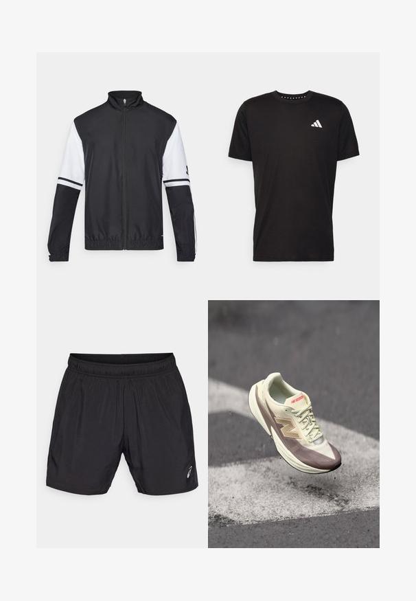 Mustvalge jakk kõrge kraega, täispikk tõmblukk, elastsete mansettidega ning triibuliste aktsentidega varrukatel. Valmistatud siledast, kergekaalulisest kangast.; Must must ka t-särk lühikeste varrukatega, ümmarguse kaelusega ja valge logoga vasakul rinnal. Sile tekstuur ja lihtne disain.; Mustad mustad lühikesed püksid, mis on valmistatud kergetest materjalidest, millel on elastne vöökoht ja väike logo vasakul all nurgas.; Kerge spordijalats kreemivärvi ülaosaga ja pruunide aktsentidega, millel on tekstureeritud pind, paelad ja silmapaistev logo külgedel.