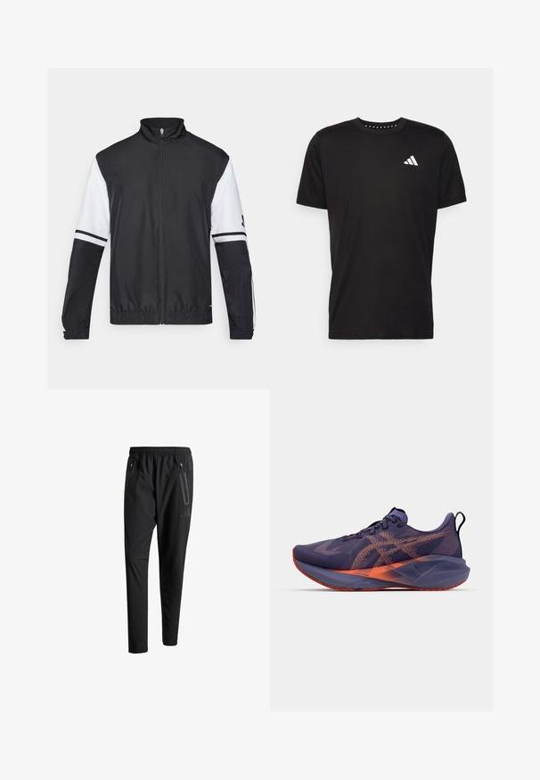Fekete-fehér dzseki magas gallérral, teljes hosszúságú cipzárral, rugalmas mandzsettákkal és csíkozott díszítésekkel a ujjakon. Simító, könnyű anyagból készült.; Fekete pamut póló rövid ujjal, kerek nyakkivágással, bal mellrészen fehér logóval. Sima textúra és egyszerű dizájn.; Fekete sportos nadrág elasztikus derékpánttal, két cipzáras oldalt zsebbel, tapered lábakkal és diszkrét logóval a csípőn.; ASICS NOVABLAST 5 - Utcai futócipők - greyish purple/coral reef