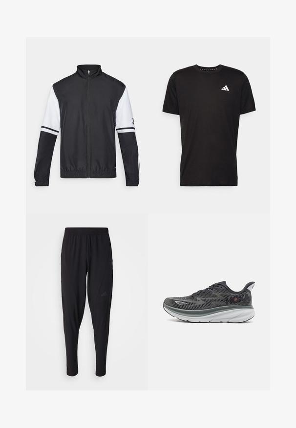 Fekete-fehér dzseki magas gallérral, teljes hosszúságú cipzárral, rugalmas mandzsettákkal és csíkozott díszítésekkel a ujjakon. Simító, könnyű anyagból készült.; Fekete pamut póló rövid ujjal, kerek nyakkivágással, bal mellrészen fehér logóval. Sima textúra és egyszerű dizájn.; Fekete sportnadrág elasztikus derékpánttal, keskenyített fazonnal, oldalsó zsebekkel és diszkrét logóval. Rugalmas, légáteresztő anyagból készült.; Sportcipő fekete és szürke mintás hálós felsőrésszel, párnázott fehér középtalppal és kerek orrformával, fűzős kialakítással.