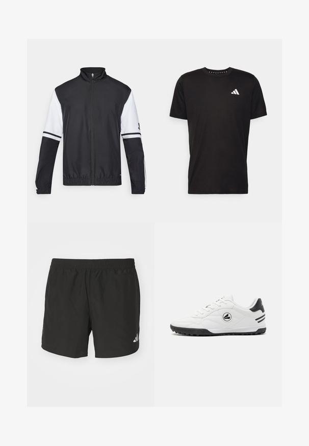 Svart og hvit jakke med høy krage, hel glidelås, elastiske mansjetter og stripete detaljer på ermene. Laget av glatt, lett materiale.; Svart bomulls t-skjorte med korte ermer, rund hals og en hvit logo på venstre bryst. Glatt tekstur og enkelt design.; Sorte atletiske shorts med elastisk midje, sidelukninger og reflekterende logo aksenter. Laget av lett, glatt stoff.; Hvite treningesko med glatt skinnøvre, svarte aksenter, teksturert såle og en rund logo på siden. Har smal snøring.
