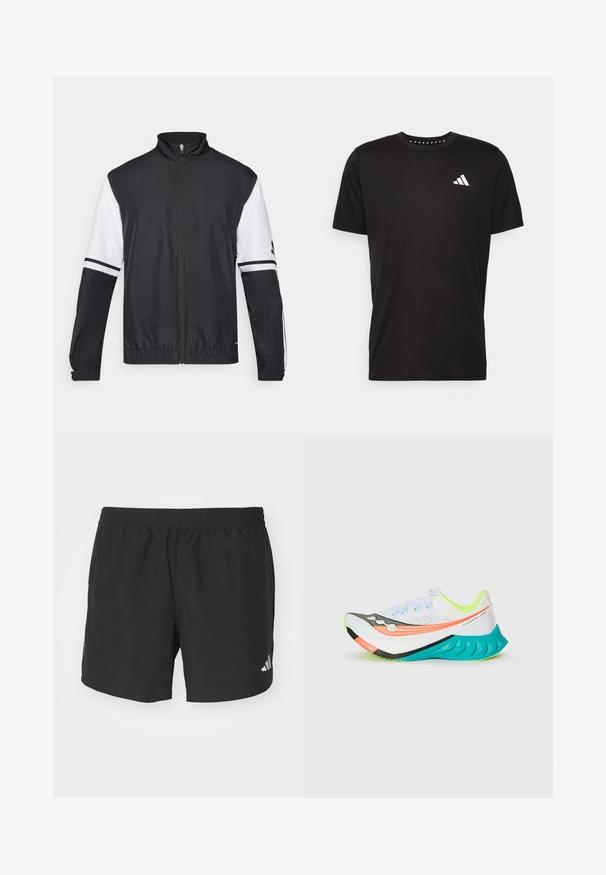 Giacca bianca e nera con colletto alto, zip frontale completa, polsini elasticizzati e dettagli a strisce sulle maniche. Realizzata in tessuto liscio e leggero.; T-shirt in cotone nero con maniche corte, scollo rotondo e logo bianco sul lato sinistro del petto. Texture liscia e design semplice.; Pantaloni corti sportivi neri con vita elastica, fessure laterali e dettagli riflettenti del logo. Realizzati in un tessuto leggero e liscio.; Scarpa da corsa bianca con accenti arancioni, neri e turchesi sulla suola, fodera interna gialla neon e tomaia in mesh su uno sfondo semplice.