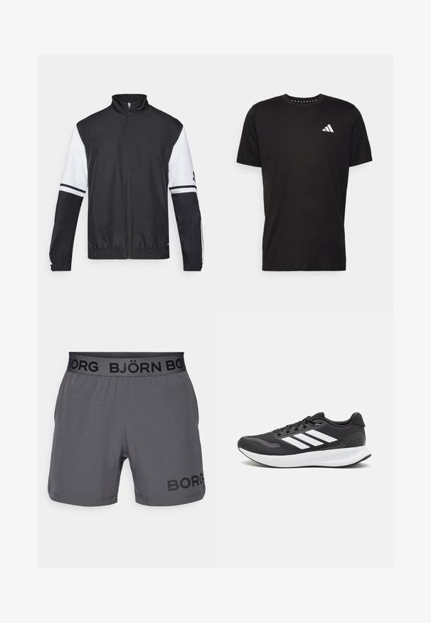 Fekete-fehér dzseki magas gallérral, teljes hosszúságú cipzárral, rugalmas mandzsettákkal és csíkozott díszítésekkel a ujjakon. Simító, könnyű anyagból készült.; Fekete pamut póló rövid ujjal, kerek nyakkivágással, bal mellrészen fehér logóval. Sima textúra és egyszerű dizájn.; Szürke sportnadrág fekete elasztikus derékpánttal, amelyen fekete színnel "BJÖRN BORG" és "BORG" felirat található az oldalon. Simább textúra.; Fekete sportcipő légáteresztő hálós felsőrésszel, fehér kiegészítőkkel és párnázott talppal. Az oldalon három csíkkal ellátott logó található.