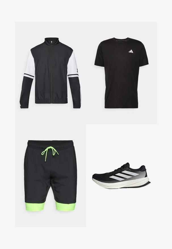 Zwart-witte jas met hoge kraag, volledige rits aan de voorkant, elastische manchetten en gestreepte accenten op de mouwen. Gemaakt van glad, lichtgewicht materiaal.; Zwarte katoenen t-shirt met korte mouwen, ronde hals en een wit logo op de linkerkant van de borst. Gladde textuur en eenvoudig ontwerp.; Zwarte zwembroek met neon groene accenten. Voorzien van een elastische tailleband met trekkoord en een contrasterende binnenvoering. Soepele textuur.; Zwarte sportieve schoen met een mesh ontwerp, voorzien van witte strepen, een ronde neus en een gestructureerde zool voor grip en ondersteuning.