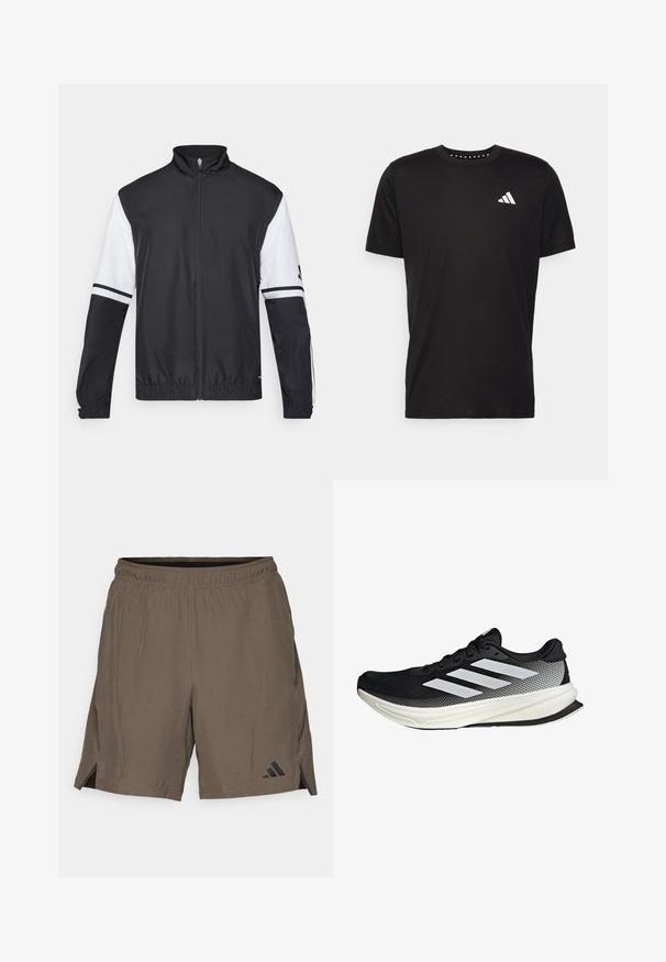 Zwart-witte jas met hoge kraag, volledige rits aan de voorkant, elastische manchetten en gestreepte accenten op de mouwen. Gemaakt van glad, lichtgewicht materiaal.; Zwarte katoenen t-shirt met korte mouwen, ronde hals en een wit logo op de linkerkant van de borst. Gladde textuur en eenvoudig ontwerp.; adidas Performance D4T WORKOUT - Korte broeken - shadow olive; Zwarte sportieve schoen met een mesh ontwerp, voorzien van witte strepen, een ronde neus en een gestructureerde zool voor grip en ondersteuning.