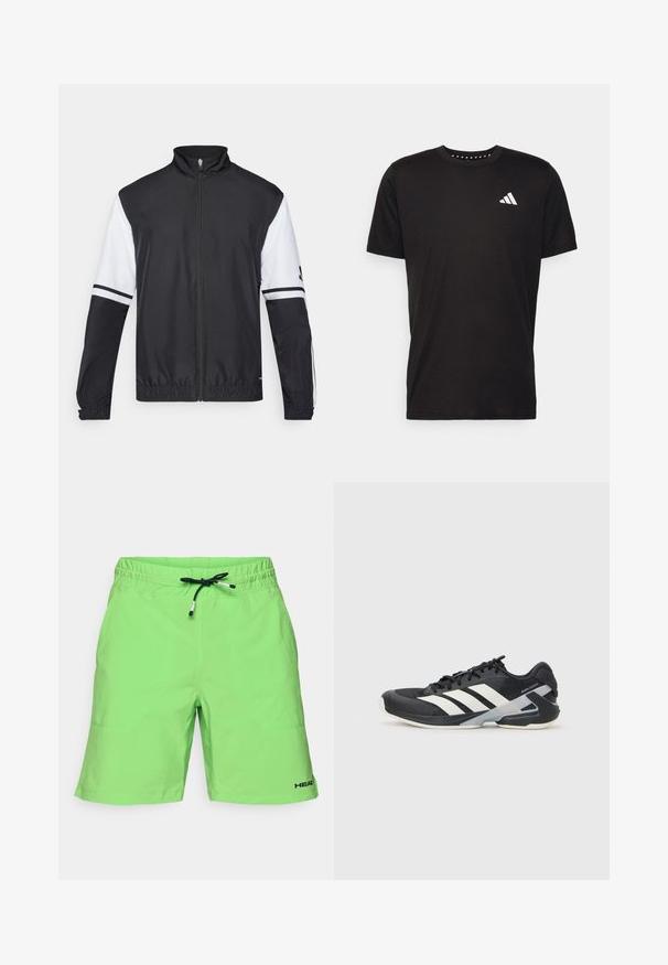 Černobílá bunda s vysokým límcem, plným předním zipem, elastickými manžetami a pruhovanými akcenty na rukávech. Vyrobena z hladké, lehké látky.; Černé bavlněné tričko s krátkým rukávem, kulatým výstřihem a bílým logem na levé hrudi. Hladká textura a jednoduchý design.; Světlé zelené kraťasy s elastickým pasem, nastavitelnou černou šňůrkou a akcentem loga. Hladká textura se bočními kapsami.; Černá sportovní obuv s bílými pruhy, síťovaným svrškem, zaoblenou špičkou a polstrovanou podrážkou. Obsahuje texturovanou patu a bezpečný systém šněrování.