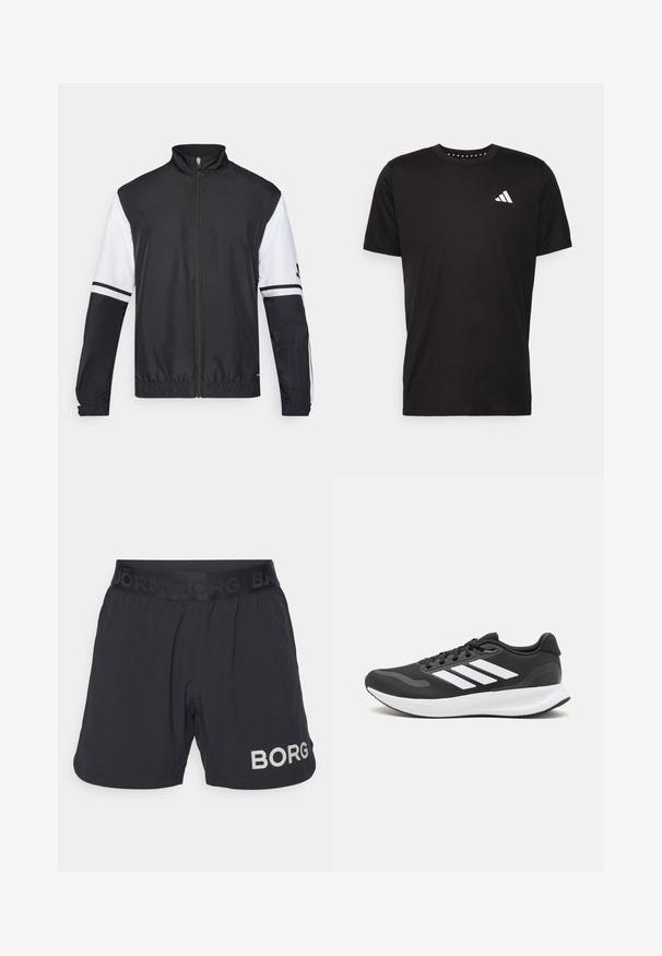 Casaco preto e branco com gola alta, fecho frontal completo, punhos elásticos e detalhes listrados nas mangas. Feito de um tecido liso e leve.; T-shirt de algodão preto com mangas curtas, decote redondo e um logo branco no lado esquerdo do peito. Textura suave e design simples.; Calções atléticos pretos com uma cintura elástica texturizada, com o nome da marca impresso em mate, e um logótipo metálico em destaque de um lado.; Shoe de atletismo preto com parte superior em malha respirável, detalhes brancos e sola almofadada. Apresenta o logotipo das três riscas na lateral.