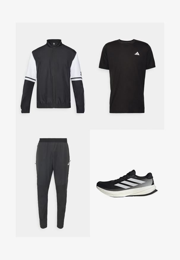 Svart och vit jacka med hög krage, hel dragkedja fram, elastiska ärmmuddar och randiga detaljer på ärmarna. Tillverkad av ett glatt, lättviktigt tyg.; Svart bomullströja med korta ärmar, rundad halsringning och en vit logotyp på vänster bröst. Slät textur och enkelt design.; Svarta träningsbyxor i lätt, vattenavvisande material, med en avsmalnande design, resårmidja och dragkedjefickor på sidorna.; Svart atletisk sko med nätmönster, som har vita ränder, rund tå och en strukturerad sula för grepp och stöd.