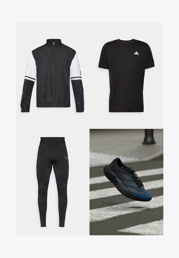 Casaco preto e branco com gola alta, fecho frontal completo, punhos elásticos e detalhes listrados nas mangas. Feito de um tecido liso e leve.; T-shirt de algodão preto com mangas curtas, decote redondo e um logo branco no lado esquerdo do peito. Textura suave e design simples.; Leggings pretos ativos com um padrão de painel texturizado, cintura alta e corte slim. Apresenta um logótipo discreto na parte superior da coxa.; Tênis atlético preto e azul com design aerodinâmico, apresentando uma parte superior texturizada, riscas contrastantes e uma sola acolchoada, pairando sobre o pavimento.