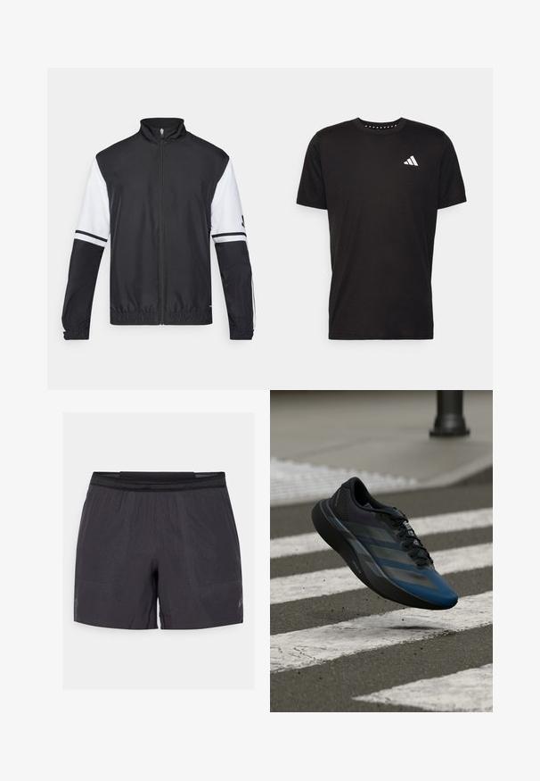 Jachetă alb-negru cu guler înalt, fermoar pe toată lungimea, manșete elastice și accente în dungi pe mâneci. Fabricată dintr-un material neted și ușor.; Tricou negru din bumbac, cu mâneci scurte, de tip crew neckline, cu un logo alb pe pieptul stâng. Textură netedă și design simplu.; Shorts de atletism negre, realizate dintr-un material ușor și respirabil, cu textură în relief, talie elastică și detaliu cu logo reflectorizant.; Pantof sportiv negru și albastru cu un design aerodinamic, având o parte superioară texturată, dungi contrastante și o talpă amortizată, plutind deasupra asfaltului.
