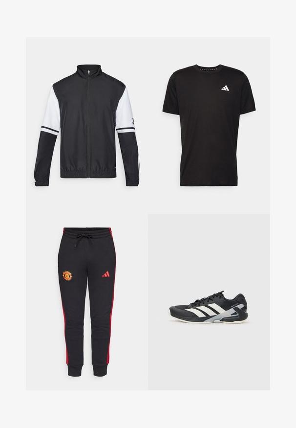 Casaco preto e branco com gola alta, fecho frontal completo, punhos elásticos e detalhes listrados nas mangas. Feito de um tecido liso e leve.; T-shirt de algodão preto com mangas curtas, decote redondo e um logo branco no lado esquerdo do peito. Textura suave e design simples.; Calças de fato de treino pretas com riscas vermelhas, apresentando um logo bordado do Manchester United e um logo da Adidas na coxa. Cintura ajustável.; Sapata atlética preta com riscas brancas, parte superior em malha, biqueira arredondada e sola acolchoada. Apresenta um calcanhar texturizado e um sistema de atacadores seguro.