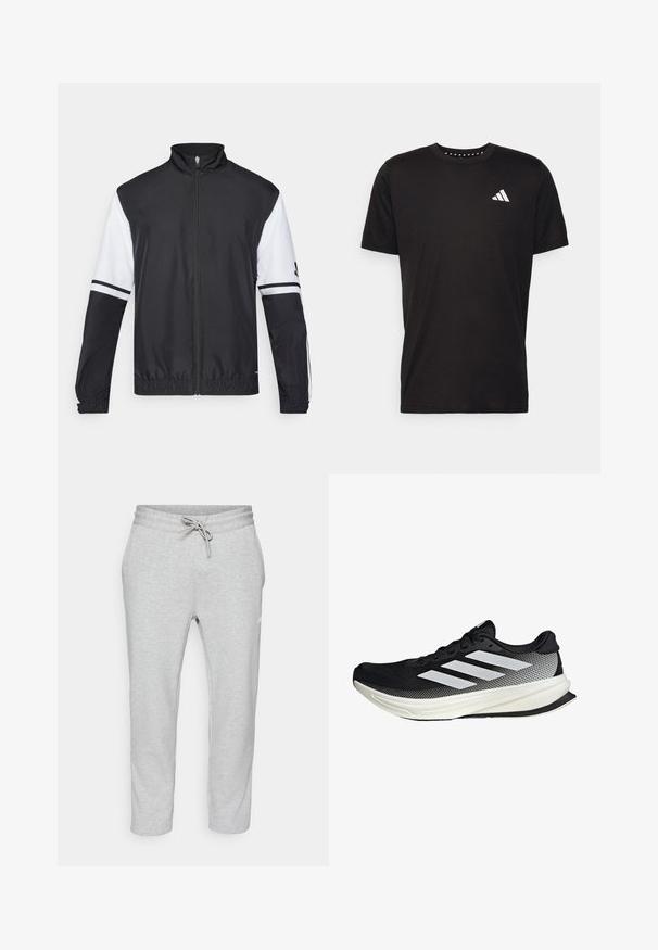 Crno-bijela jakna s visokim ovratnikom, punim zatvaračem sprijeda, elastičnim manžetama i prugastim detaljima na rukavima. Izrađena od glatkog, laganog materijala.; Crna pamučna majica s kratkim rukavima, okruglim izrezom i bijelim logotipom na lijevoj strani prsnog koša. Glatka tekstura i jednostavan dizajn.; Sive trenirke od mekog pamučnog materijala, sa elastičnim pojasom i vezicom, opuštenog kroja s suženim nogavicama.; Crna atletska cipela s mrežastim dizajnom, koja ima bijele pruge, zaobljeni vrh i teksturiranu potplate za prianjanje i potporu.