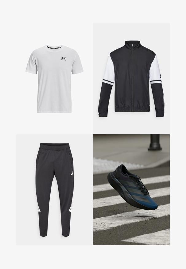 Fekete-fehér dzseki magas gallérral, teljes hosszúságú cipzárral, rugalmas mandzsettákkal és csíkozott díszítésekkel a ujjakon. Simító, könnyű anyagból készült.; Fehér, rövid ujjú póló, amely pamutból készült, kerek nyakkivágással, bal mellen fekete Under Armour logóval.; Fekete sportnadrág karcsúsított szárakkal, rugalmas derékrésszel, oldalzsebekkel, valamint fehér logóval és csíkozással. Sima, könnyű anyagból készült.; Fekete és kék sportcipő áramvonalas kialakítással, texturált felsőrésszel, kontrasztos csíkokkal és párnázott talppal, járda fölött lebegve.