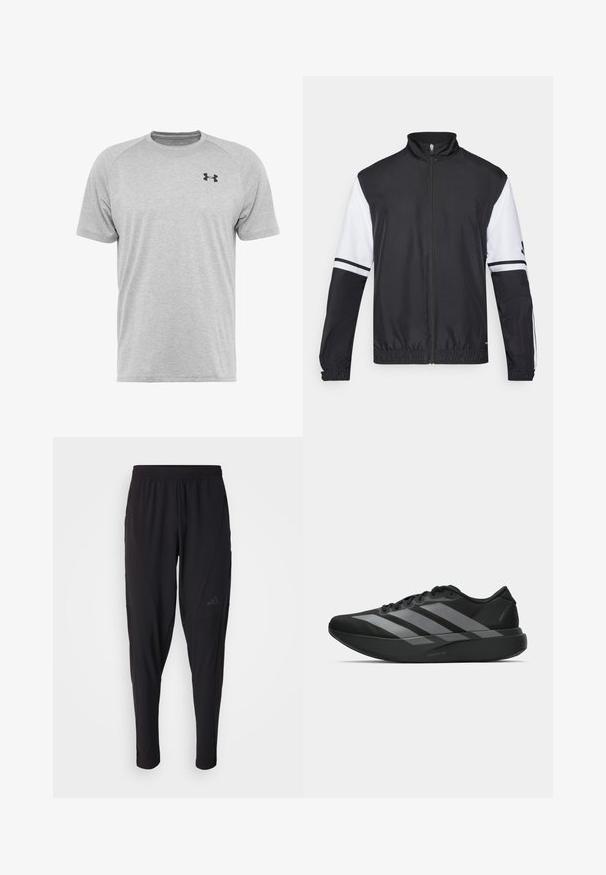 Casaco preto e branco com gola alta, fecho frontal completo, punhos elásticos e detalhes listrados nas mangas. Feito de um tecido liso e leve.; Camisola desportiva cinza de mangas curtas, feita de um tecido leve. Apresenta um logo preto no peito e mangas raglan para maior liberdade de movimento.; Calças atléticas pretas com um cós elástico, design afunilado, bolsos laterais e detalhe discreto do logótipo. Feitas de um tecido flexível e respirável.; Sapatilhas desportivas pretas com um design leve, apresentando três faixas cinzas proeminentes, uma textura suave e uma sola contornada.