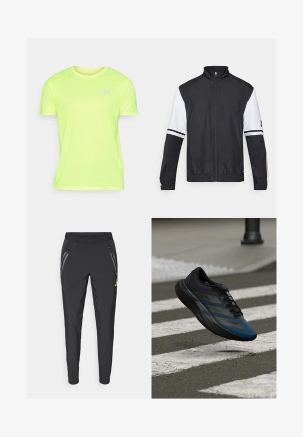 Black and white jacket with a high collar, full front zipper, elastic cuffs, and striped accents on sleeves. Made from smooth, lightweight fabric.; ASICS CORE TOP - Sports T-shirt - safety yellow; adidas Performance REAL MADRID TIRO25 PRO VIS TECH TRAVEL PANT - Club wear - black/lucid lemon; Black and blue athletic shoe with a streamlined design, featuring a textured upper, contrasting stripes, and a cushioned sole, hovering over pavement.