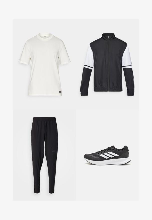 Black and white jacket with a high collar, full front zipper, elastic cuffs, and striped accents on sleeves. Made from smooth, lightweight fabric.; White cotton short-sleeve t-shirt with a crew neckline, minimalist design, and a small logo tag at the bottom left side.; Black athletic pants with an elastic waistband, tapered design, side pockets, and subtle logo detail. Made from flexible, breathable fabric.; Black athletic shoe with breathable mesh upper, white accents, and a cushioned sole. Features three stripes logo on the side.