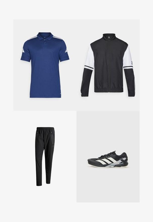 Chaqueta en blanco y negro con cuello alto, cremallera frontal completa, puños elásticos y acentos a rayas en las mangas. Fabricada con tejido liso y ligero.; Camisa polo azul marino hecha de tejido transpirable, con mangas cortas, cuello, tapeta de tres botones y tres rayas blancas en los hombros.; Pantalones deportivos negros con una cintura elástica, dos bolsillos laterales con cremallera, piernas ajustadas y un discreto detalle de logo en la cadera.; Zapatilla deportiva negra con franjas blancas, parte superior de malla, punta redondeada y suela acolchada. Presenta un talón texturizado y un sistema de cordones seguro.