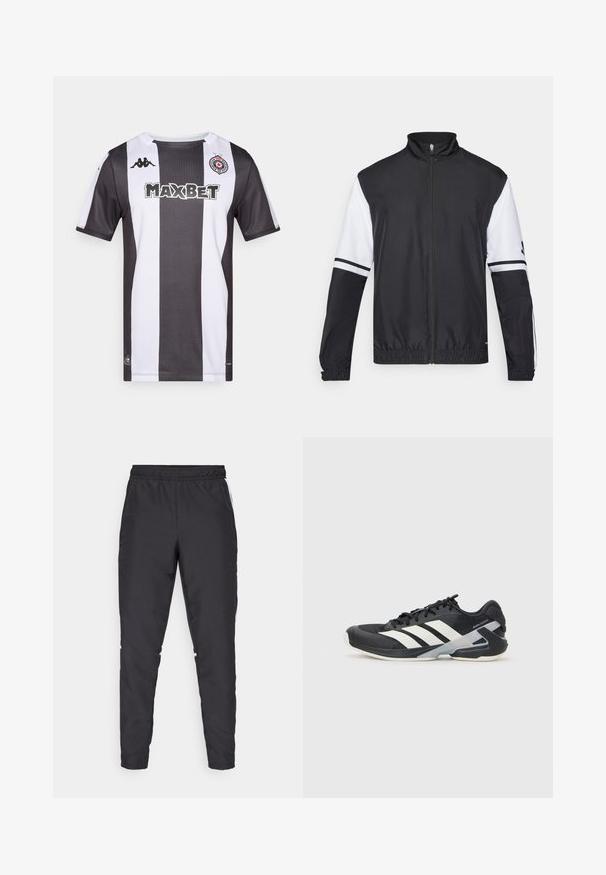 Veste noir et blanc avec un col haut, fermeture éclair sur toute la longueur à l'avant, poignets élastiques et accents rayés sur les manches. Fabriquée en tissu lisse et léger.; Maillot de football à manches courtes rayé noir et blanc, avec col, logo Kappa, et inscription "MAXBET" en caractères gras sur le devant.; Pantalons de sport noirs avec une taille élastique, des jambes fuselées et des accents blancs sur les côtés. Fabriqués à partir de matériau synthétique avec une texture lisse.; Chaussure de sport noire avec des rayures blanches, tige en mesh, bout arrondi et semelle rembourrée. Comprend un talon texturé et un système de laçage sécurisé.