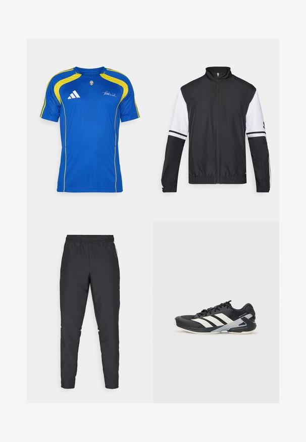 Jachetă alb-negru cu guler înalt, fermoar pe toată lungimea, manșete elastice și accente în dungi pe mâneci. Fabricată dintr-un material neted și ușor.; adidas Performance JUVENTUS TURIN URBAN PURIST JERSEY - Echipament cluburi fotbal - team royal blue; Pantaloni de sport negri cu talie elastică, picioare conice și accente laterale albe. Fabricat din material sintetic cu o textură netedă.; Pantofii sport negri cu dungi albe, superior din plasă, vârf rotunjit și talpă îmbunătățită pentru amortizare. Au o călcătură texturată și un sistem de șireturi securizat.