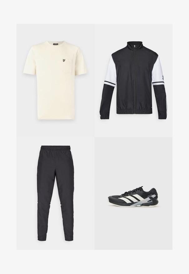 Black and white jacket with a high collar, full front zipper, elastic cuffs, and striped accents on sleeves. Made from smooth, lightweight fabric.; Cream-colored cotton T-shirt with a round neckline, short sleeves, and a left chest pocket featuring a small butterfly embroidery detail.; Black athletic pants with an elastic waistband, tapered legs, and white side accents. Made of synthetic material with a smooth texture.; Black athletic shoe with white stripes, mesh upper, rounded toe, and cushioned sole. Features a textured heel and secure lacing system.