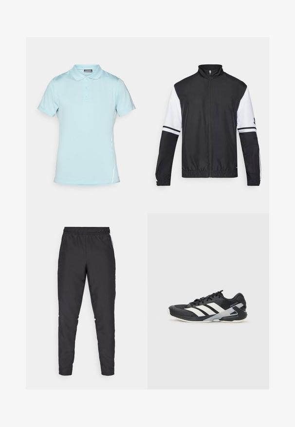 Casaco preto e branco com gola alta, fecho frontal completo, punhos elásticos e detalhes listrados nas mangas. Feito de um tecido liso e leve.; Polo shirt azul claro feito de tecido suave, com colarinho clássico, fecho de três botões e mangas curtas com discretos detalhes laterais.; Calças atléticas pretas com um cós elástico, pernas ajustadas e acentos brancos nas laterais. Feitas de material sintético com uma textura suave.; Sapata atlética preta com riscas brancas, parte superior em malha, biqueira arredondada e sola acolchoada. Apresenta um calcanhar texturizado e um sistema de atacadores seguro.