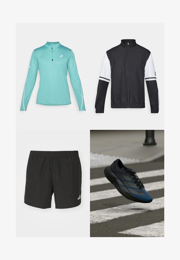 Giacca bianca e nera con colletto alto, zip frontale completa, polsini elasticizzati e dettagli a strisce sulle maniche. Realizzata in tessuto liscio e leggero.; Maglietta atletica a maniche lunghe di un verde acqua chiaro con colletto alto, chiusura frontale a metà zip e dettagli bianchi lungo le cuciture. Realizzata in tessuto traspirante.; Pantaloni corti sportivi neri con vita elastica, fessure laterali e dettagli riflettenti del logo. Realizzati in un tessuto leggero e liscio.; Scarpa sportiva nera e blu con un design aerodinamico, presenta una tomaia testurizzata, strisce a contrasto e una suola ammortizzata, sospesa sopra l'asfalto.