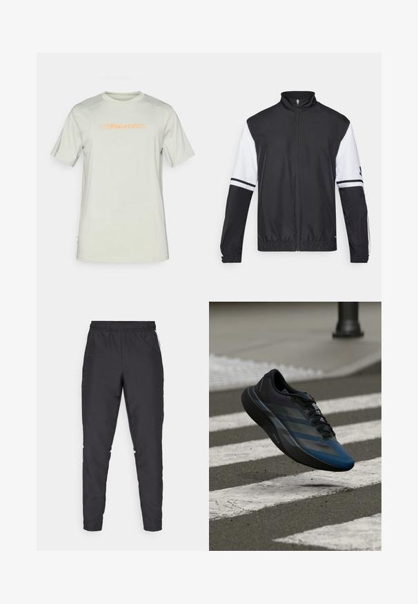 Crno-bijela jakna s visokim ovratnikom, punim zatvaračem sprijeda, elastičnim manžetama i prugastim detaljima na rukavima. Izrađena od glatkog, laganog materijala.; Svijetlozelena majica kratkih rukava od mekog materijala ima okrugli izrez i narančasti otisak "Mizuno" loga sprijeda.; Crne atletske hlače s elastičnim strukom, sužavajućim nogavicama i bijelim bočnim naglascima. Izrađene od sintetičkog materijala s glatkom teksturom.; Crna i plava sportska cipela sa zakrivljenim dizajnom, teksturiranom gornjom stranom, kontrastnim prugama i jastučićem u potplatu, lebdi iznad pločnika.