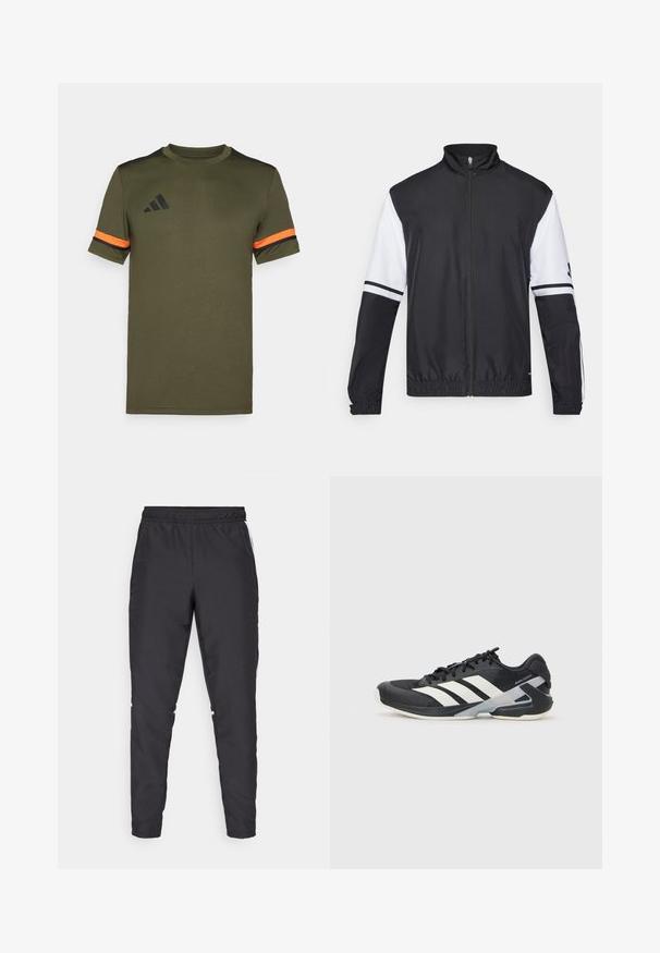 Črna in bela jakna z visokim ovratnikom, celotnim zadrgo, elastičnimi manšetami in črtastimi poudarki na rokavih. Narejena iz gladkega, lahkega materiala.; Olivno zelena majica s kratkimi rokavi z črnimi detajli na rami in oranžnimi črtami na rokavih. Ima črno adidasovo logo na sprednji strani.; Črne atletske hlače z elastičnim pasom, ožjimi nogami in belimi stranskimi poudarki. Narejene so iz sintetičnega materiala z gladko teksturo.; Črne atletske čevlje z belimi črtami, mrežastim zgornjim delom, zaobljenim nosom in blaženim podplatom. Imajo teksturiran petni del in varen sistem vezalk.