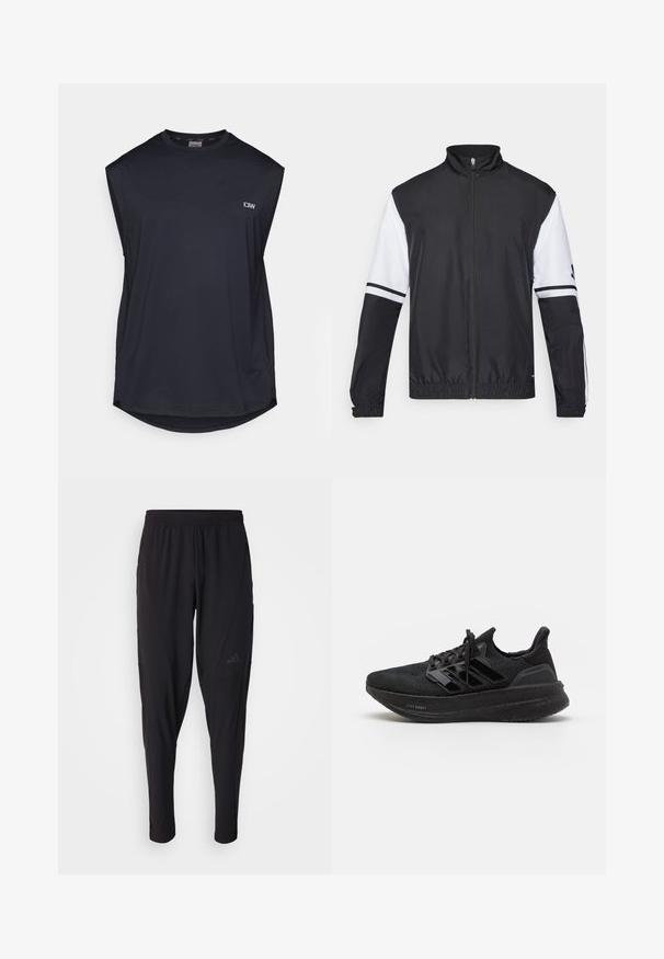 Musta-valkoinen takki korkealla kauluksella, täysin vetoketjulla, joustavilla hihansuilla ja raidallisilla yksityiskohdilla hihoissa. Valmistettu sileästä, kevyestä kankaasta.; Tummansininen ilman hihoja oleva urheilupaita, joka on valmistettu teksturoidusta kankaasta. Ominaisuuksiin kuuluu pyöristetty helma ja pieni logo vasemmalla edessä. Hengittävä muotoilu.; Mustat urheiluhousut, joissa on joustava vyötärö, kapeneva malli, sivutaskut ja hillitty logoyksityiskohta. Valmistettu joustavasta ja hengittävästä kankaasta.; Mustat urheilusandaalit, joissa on teksturoitu neulepinta, kolme kiiltävää raitaa, kevyet vaahtomuovipohjat ja vahvistettu kanta. Varustettu nauhakiinnityksellä.