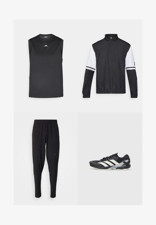 Juodai balta striukė su aukštu apykakle, visiškai užtraukiama priekyje, elastinėmis rankovėmis ir dryžuotais akcentais ant rankovių. Pagaminta iš glotnaus, lengvo audinio.; Juodas be rankovių sportinis marškinėlis, pagamintas iš lygaus audinio. Savybės: apvalus iškirpimas ir mažas baltas logotipas ant krūtinės.; Juodos sportinės kelnės su elastinga juosmeniu, siaurėjantis dizainas, šoninės kišenės ir subtilus logotipo detalė. Pagamintos iš lankstaus, kvėpuojančio audinio.; Juoda sportinė avalynė su baltais dryžiais, tinklinis viršus, apvalus pirštas ir paminkštinta padais. Yra tekstūruota kulno dalis ir saugi raištelių sistema.