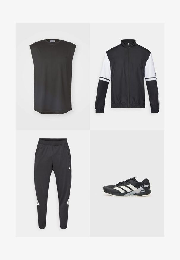 Juodai balta striukė su aukštu apykakle, visiškai užtraukiama priekyje, elastinėmis rankovėmis ir dryžuotais akcentais ant rankovių. Pagaminta iš glotnaus, lengvo audinio.; ICANIWILL STRIDE SLEEVELESS MEN - Viršus - graphite; Juodos sportinės kelnės su siaurėjančiomis kojų apačiomis, elastine juosmens juosta, šoninėmis kišenėmis bei baltu logotipu ir dryžiais. Pagamintos iš glotnios, lengvos medžiagos.; Juoda sportinė avalynė su baltais dryžiais, tinklinis viršus, apvalus pirštas ir paminkštinta padais. Yra tekstūruota kulno dalis ir saugi raištelių sistema.